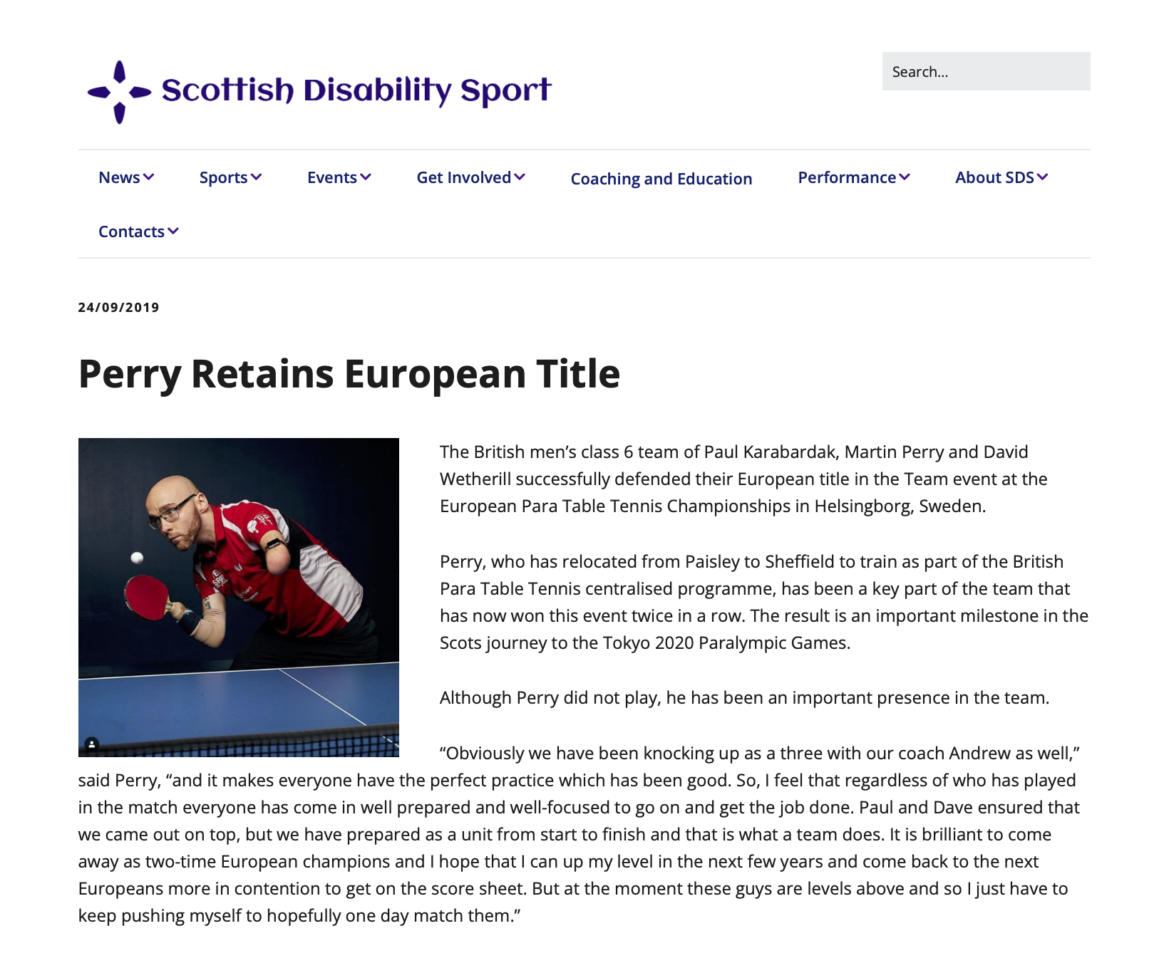 Screenshot of a webpage titled "Perry Retains European Title" from Scottish Disability Sport, featuring a photo of a man playing table tennis.
