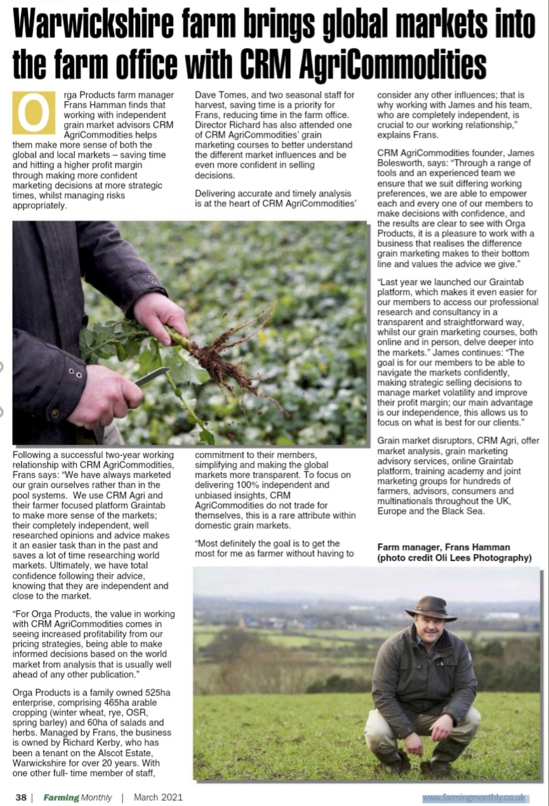 Newspaper article with headline about Warwickshire farm integrating global markets with farm office and CRM AgriCommodities. Contains a photo of a man in outdoor rural landscape, wearing a hat and jacket, crouching near the ground.
