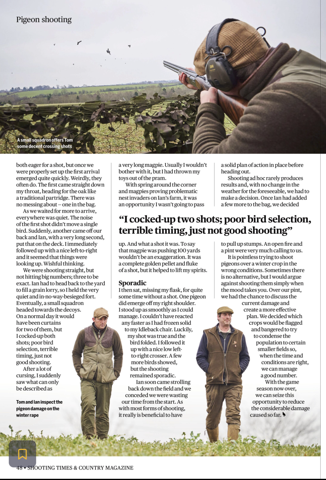 A man with a cap and vest walking in a field and a man shooting a shotgun in the background, with a person aiming a shotgun at flying birds in a field. There is a headline in the middle of the page that reads 'I cocked-up two shots; poor bird selecti