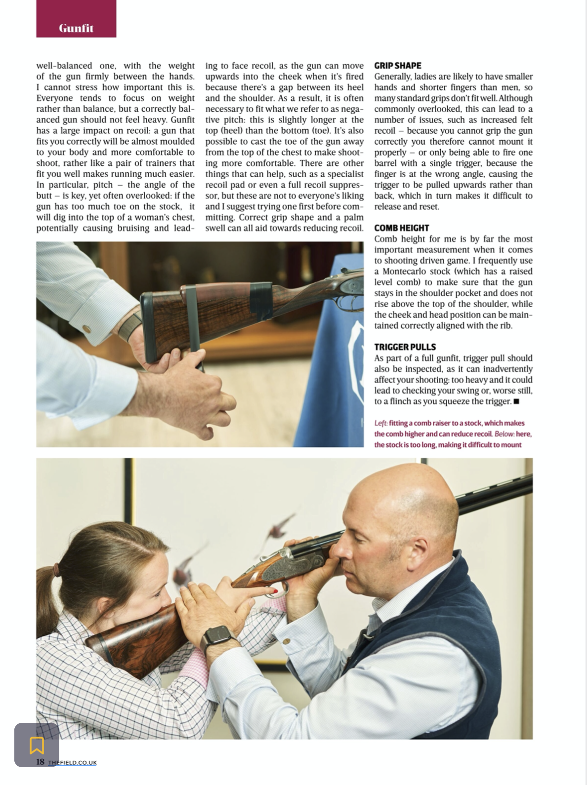 A person’s hand is helping a young girl fit a rifle stock to a gun, with instructions on gun fitting and safety in the background, and in the lower part of the image, a man is instructing the girl how to properly aim a rifle during a shooting lesson.