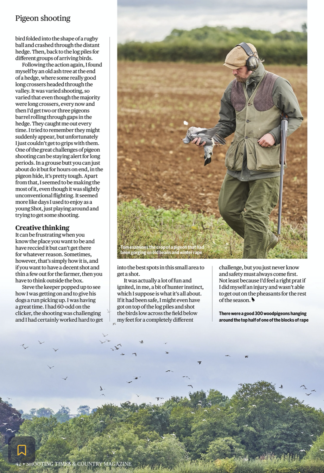 A man outdoors wearing a tan cap, green jacket, and ear protection, holding a pigeon in his hand while examining a crop of pigeons flying in the sky above a green landscape with trees.