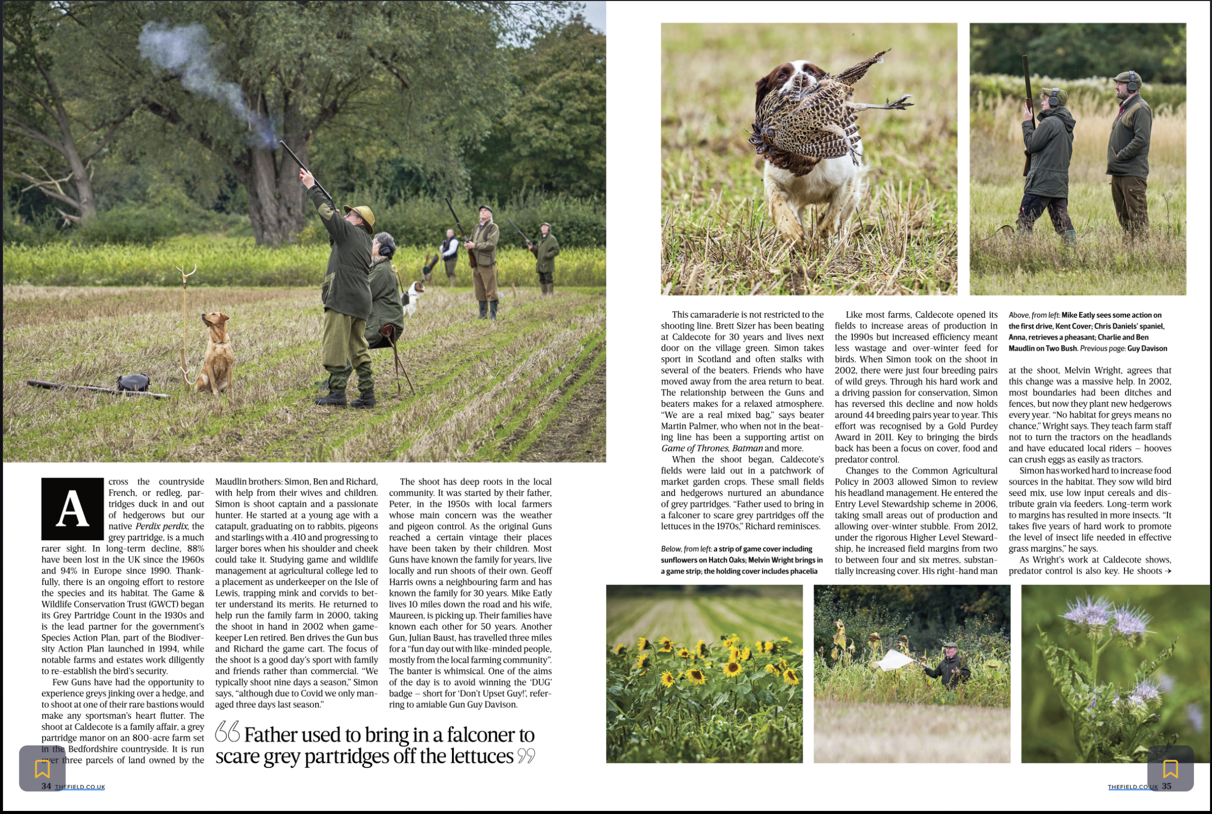 A page from a magazine or newspaper featuring hunting and wildlife conservation, with images of hunters in a field, a hunting dog with game, and a close-up of a shooting range. There are several columns of text, and smaller images include a dog with 
