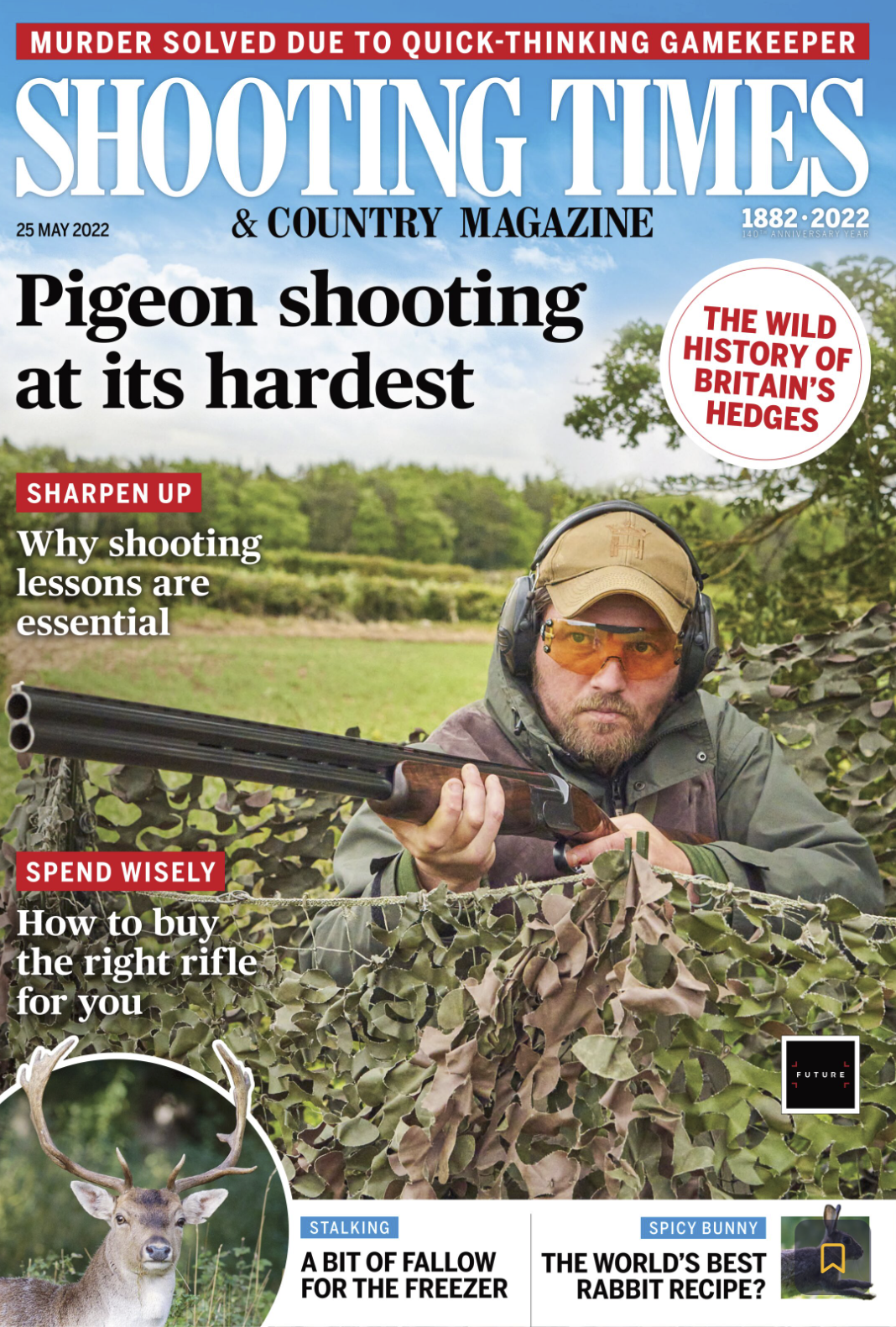 Magazine cover of Shooting Times & Country Magazine, dated May 25, 2022, featuring a man aiming a shotgun from a camouflaged hide in a field, with headlines related to hunting and shooting.
