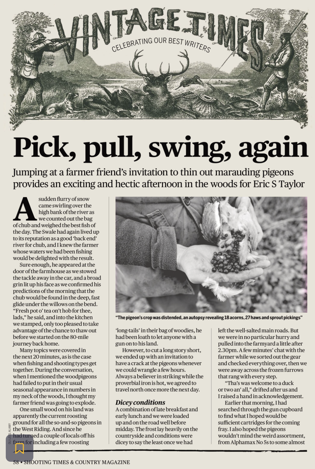 A vintage magazine page titled 'VINTAGE TIMES' with a subtitle 'CELEBRATING OUR BEST WRITERS'. The page features a black-and-white photograph of a person holding a small dog with grapes in its mouth, and an illustration of hunters in a woodland scene