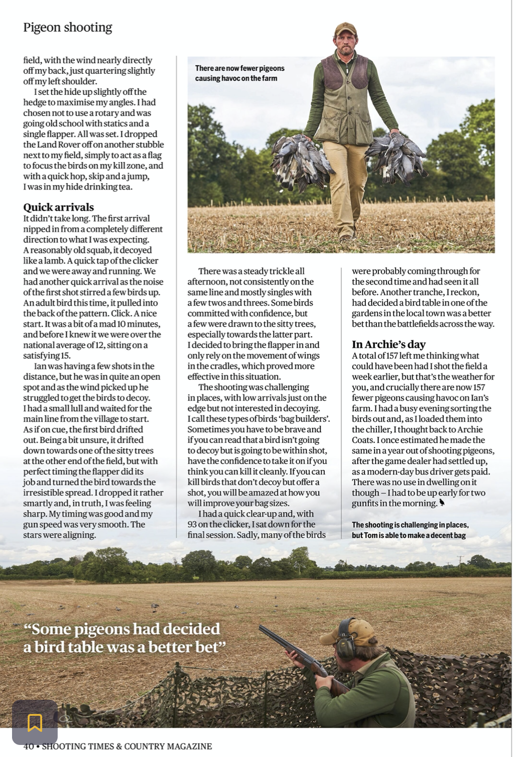 Magazine page with text and images about pigeon shooting, featuring a man walking in a field carrying pigeons, and another man sitting with a shotgun aiming at birds.