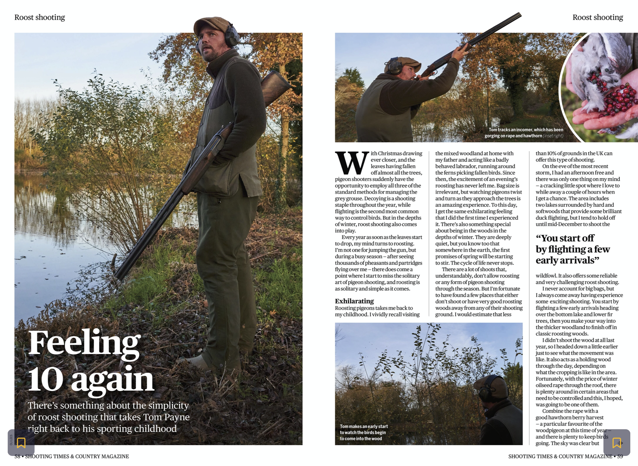 A man stands by a pond during autumn, wearing a green vest and holding a shotgun, preparing for a bird hunt. The scene is outdoors with trees displaying fall foliage, and he appears focused on his activity. The page includes text discussing pigeon sh