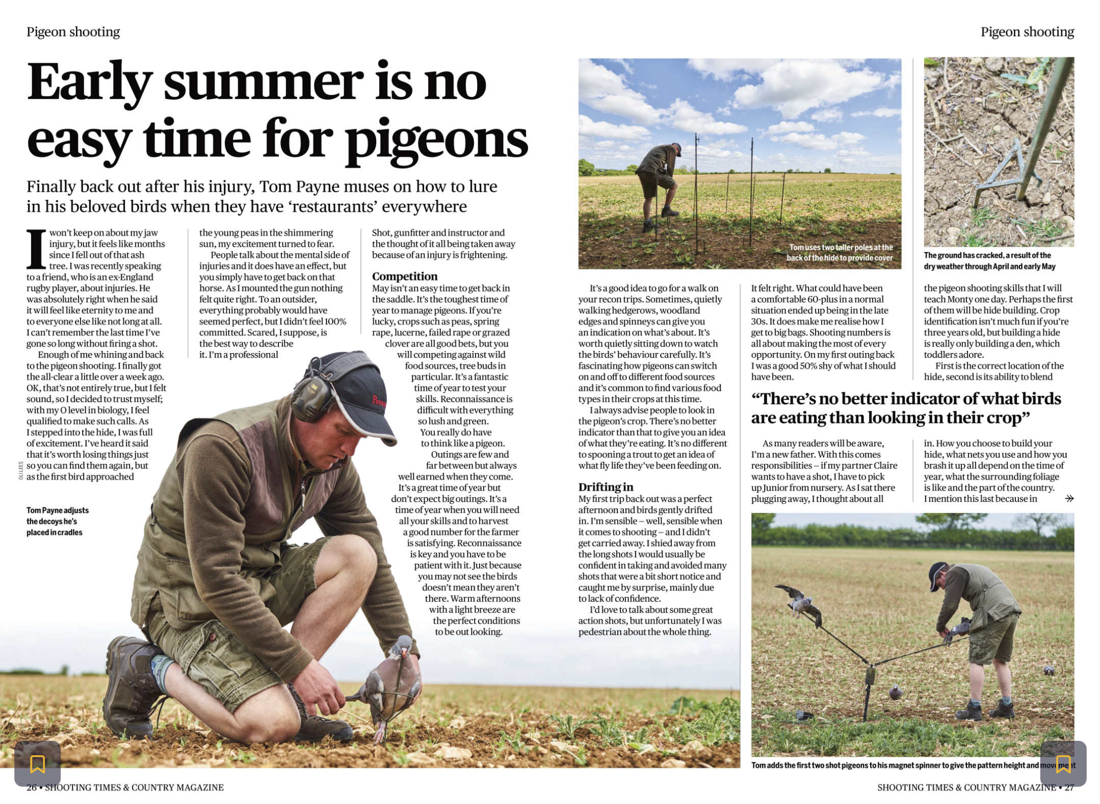 A man crouching in a field releasing a pigeon, with two tall poles and a pigeon guide wire in the background. The scene is outdoors on a sunny day. There is also a smaller image of a person設定tuning a pigeon magnet spinner.