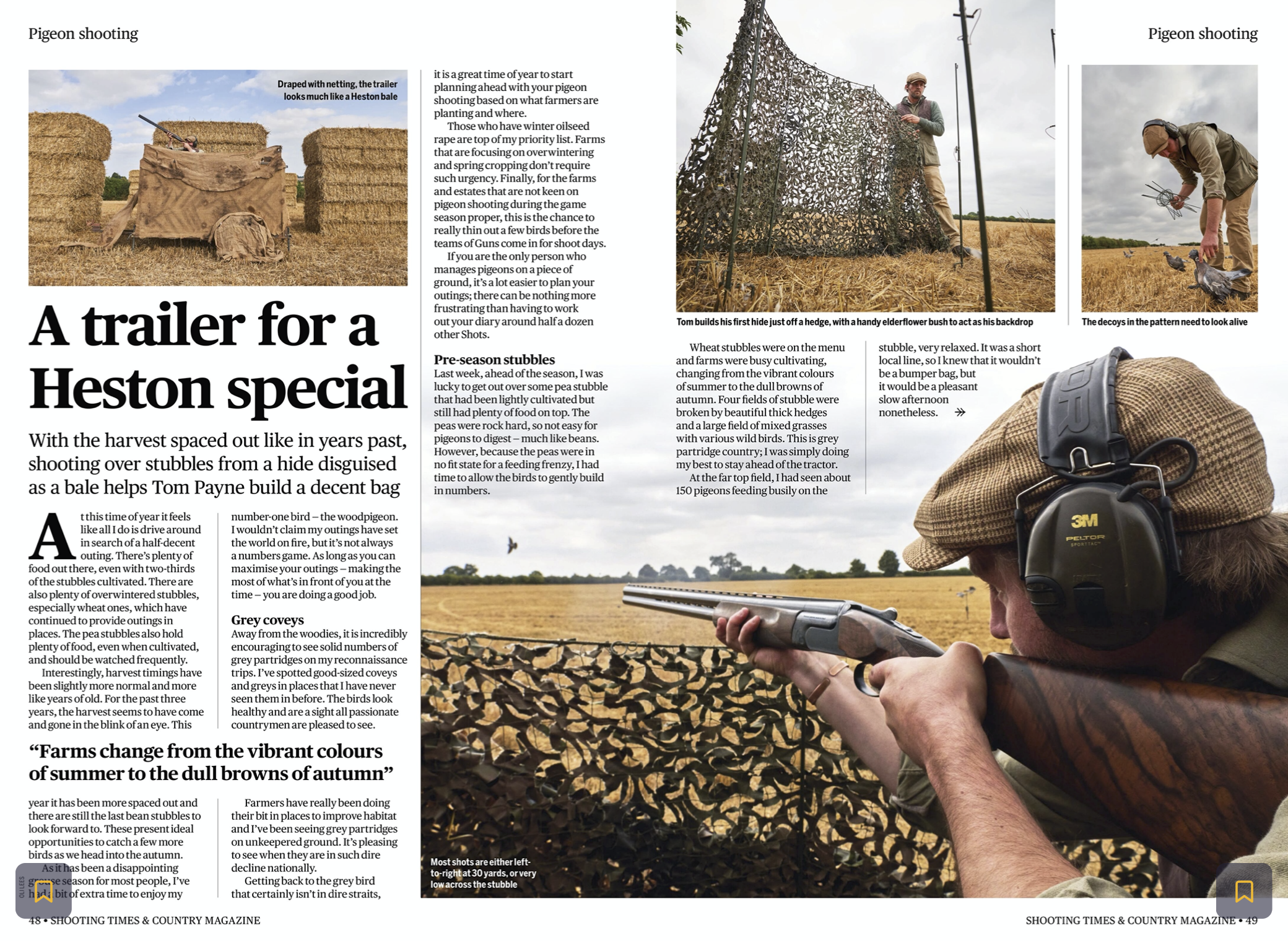 Magazine article titled "A trailer for a Heston special" with photographs of pigeon shooting; a man aiming a shotgun from behind a camouflage screen, a person building a hide with camouflage netting, and a person in a field with pigeons flying overhe