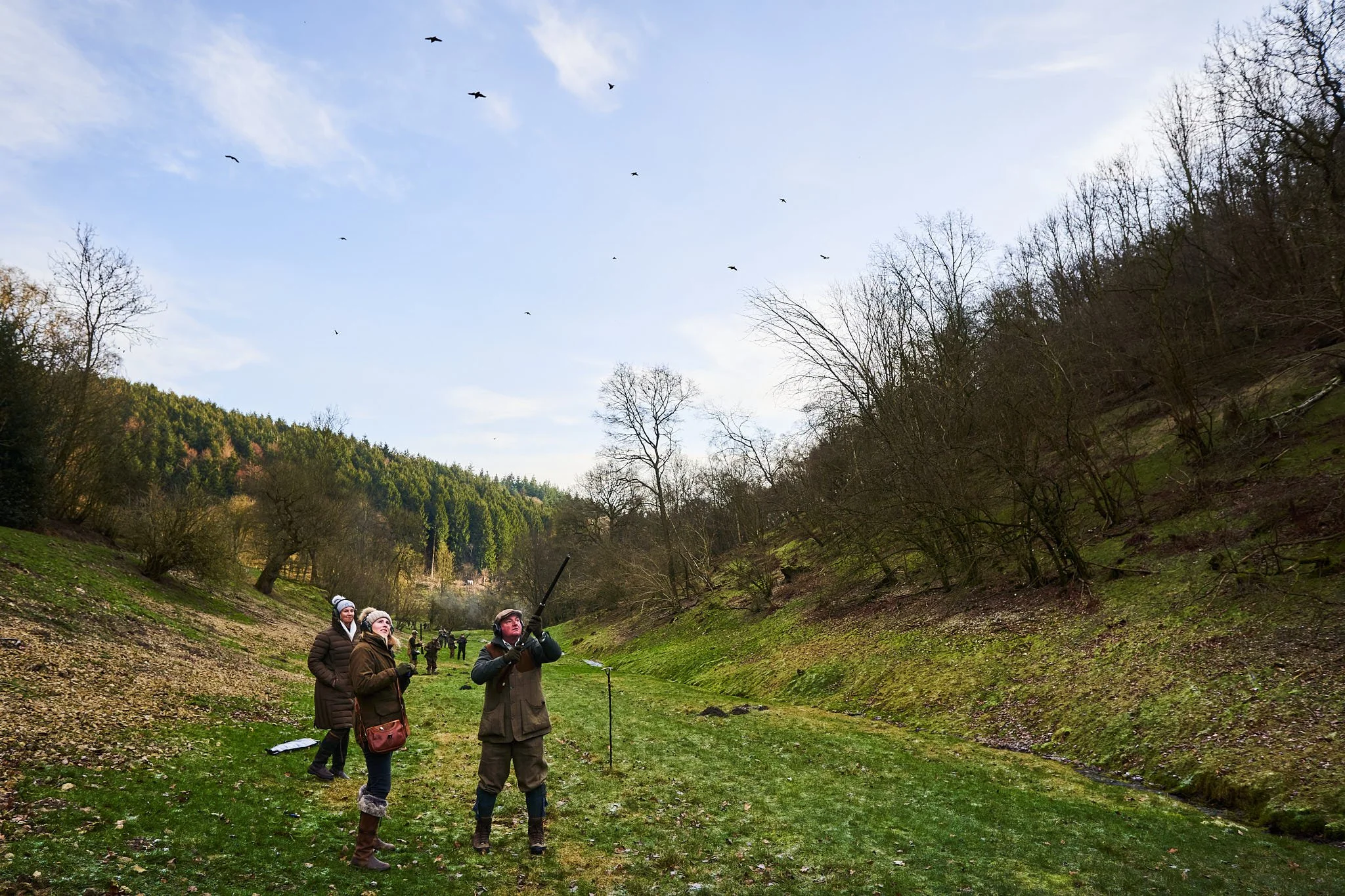 People observing birds in a grassy creek valley surrounded by trees and distant hills under a partly cloudy sky.