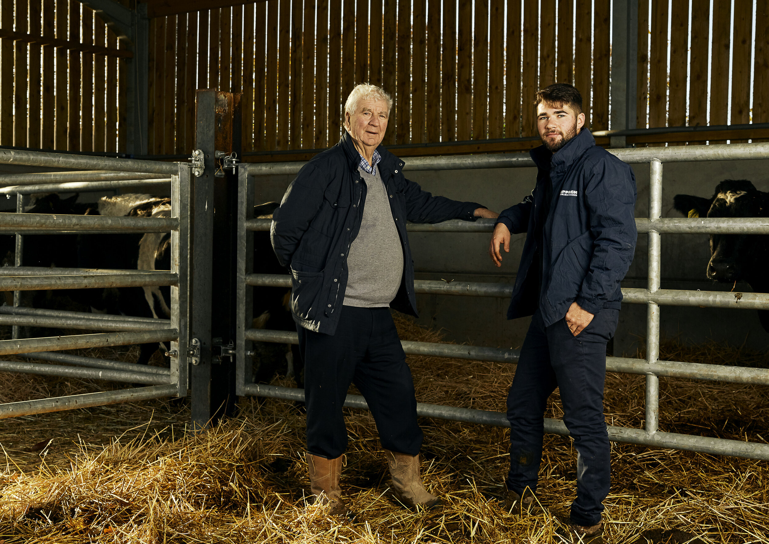 Two men standing inside a barn or cattle shed, one elderly with white hair and the other young with brown hair and beard, posing with their hands on metal safety railings. There are calves or young cows lying behind the railings. The barn has wooden 