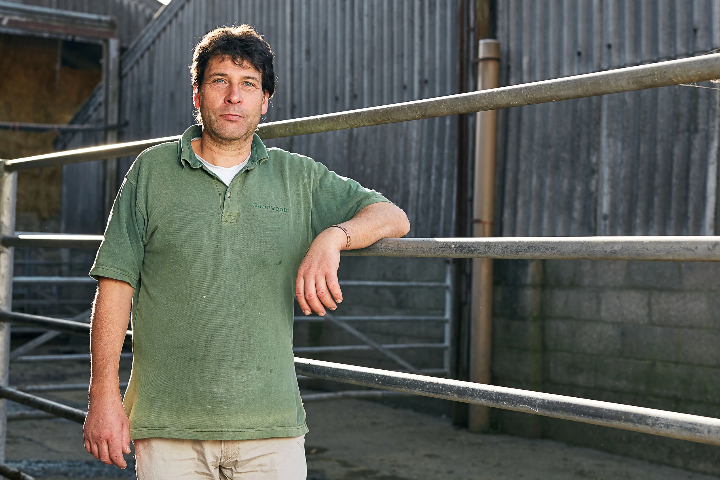 Man with dark hair and light skin leaning on a metal railing outside, wearing a green polo shirt and beige shorts, with a wooden fence in the background.