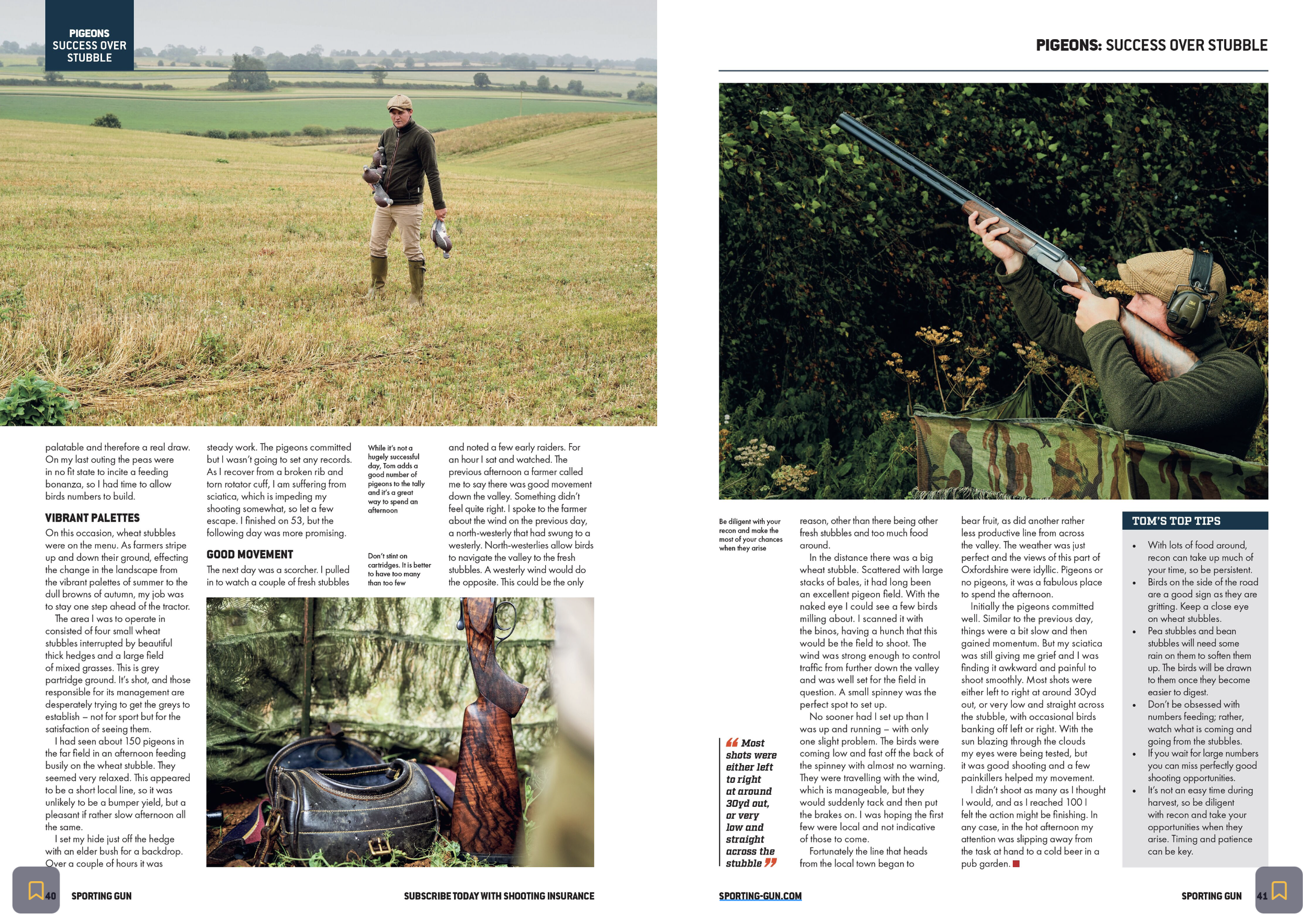 Two-page magazine article with photos and text about pigeon shooting. The left page features a man standing in a grassy field holding pigeons, with text discussing pigeon shooting and tips. The right page shows a person aiming a shotgun in a wooded a