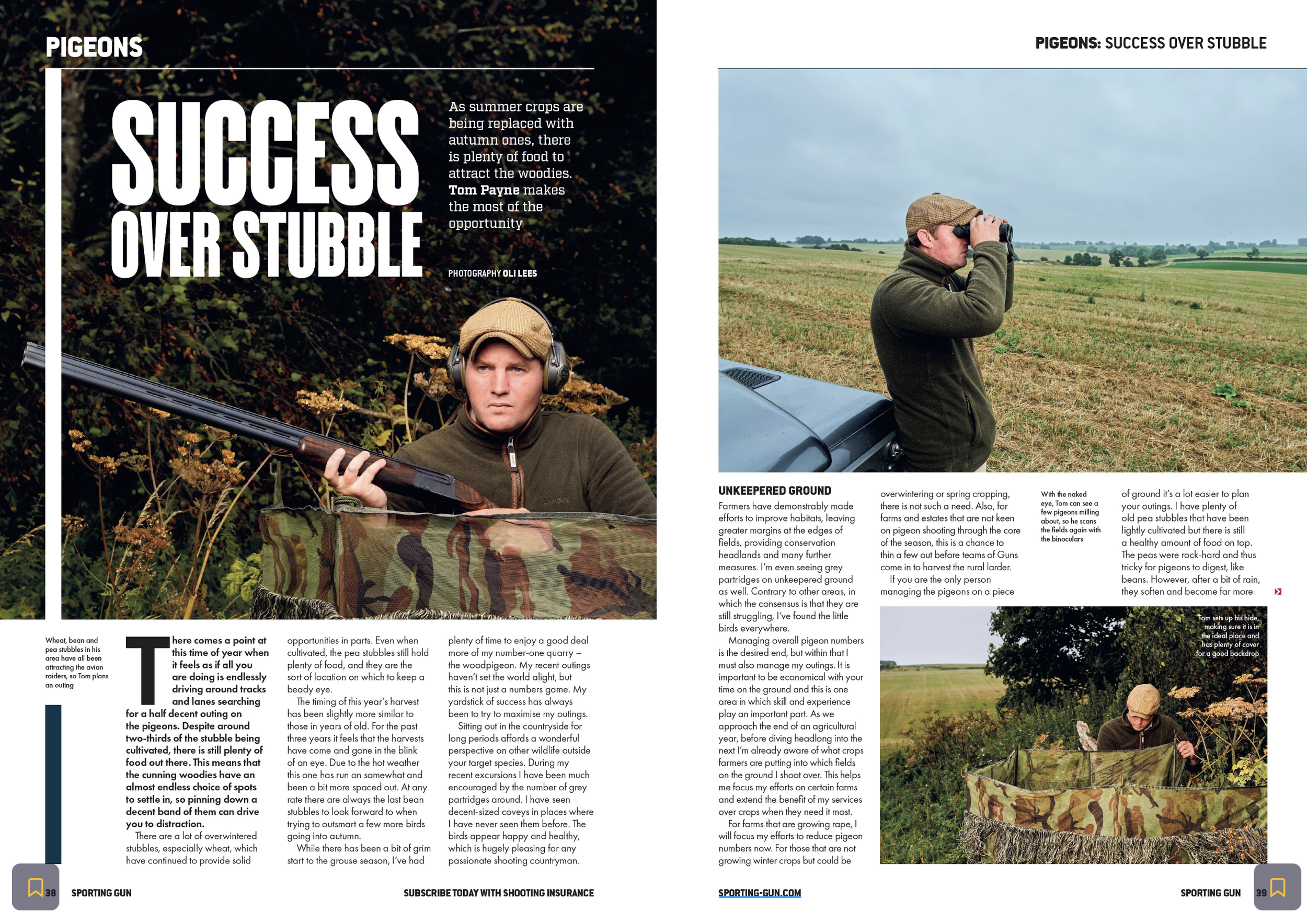 Magazine article featuring a man in hunting gear and headphones holding a shotgun with a camouflage cover, sitting outdoors among tall grass and bushes, and another photo of him standing in an open field using binoculars, both related to pigeon hunti