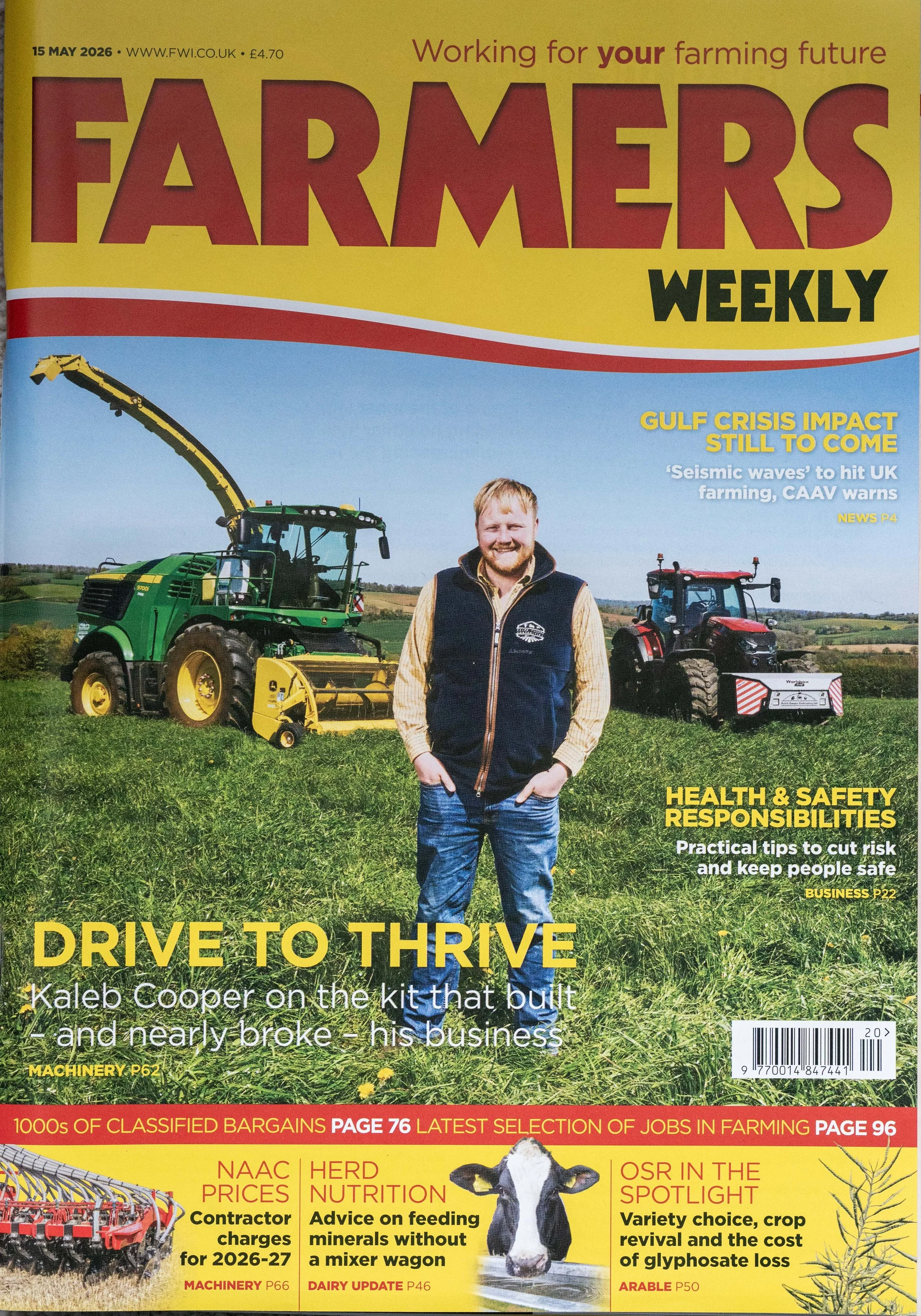 Cover of Farmers Weekly magazine, May 15, 2026, featuring a man standing in a green field with two tractors in the background, one green and yellow, the other red and black. The headline reads 'Drive to Thrive' and mentions Kaleb Cooper. Additional h