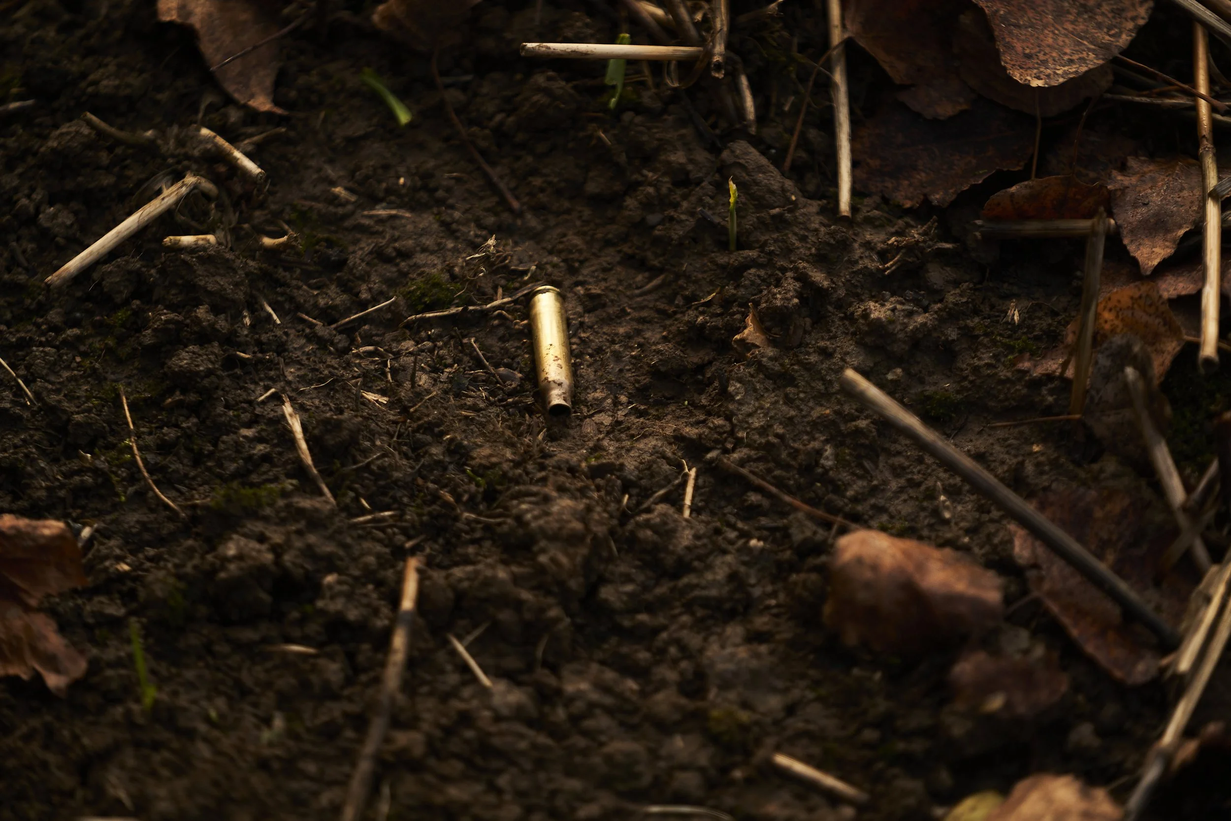 Close-up of dirt and soil with scattered dried leaves, small twigs, and a single spent bullet casing.