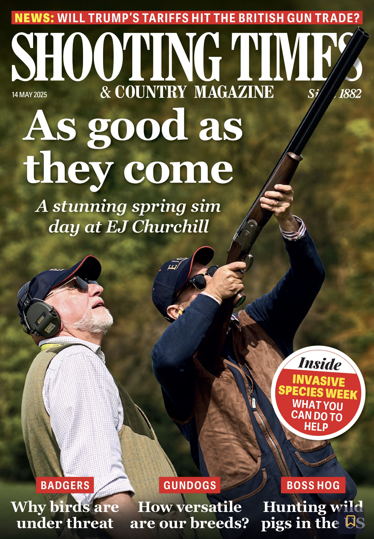 Cover of Shooting Times magazine featuring two men outdoors, one aiming a shotgun. The magazine highlights articles on birdly birds, versatile breeds, and wild pigs, with headlines about Trump tariffs and invasive species week.