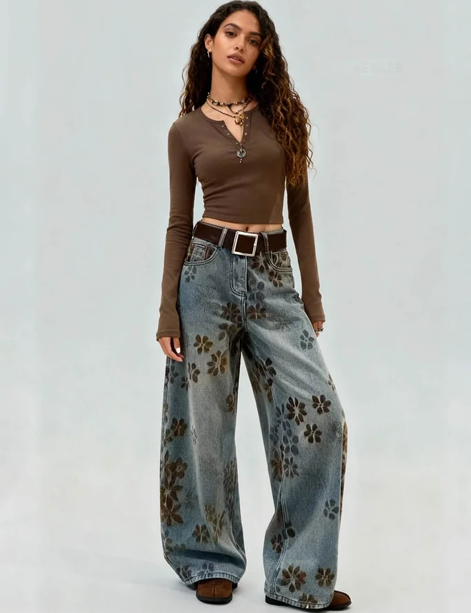 Ladies Floral Print Fleece Lined Wide Leg Denim Pants