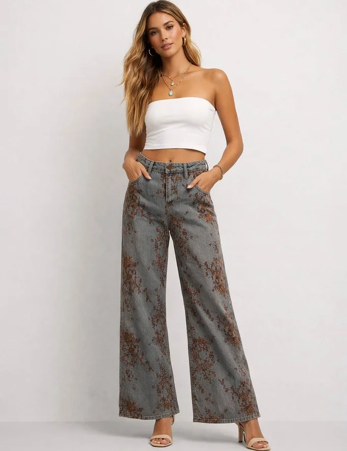 Ladies Vintage Floral Jacquard Wide Leg Denim Pants
