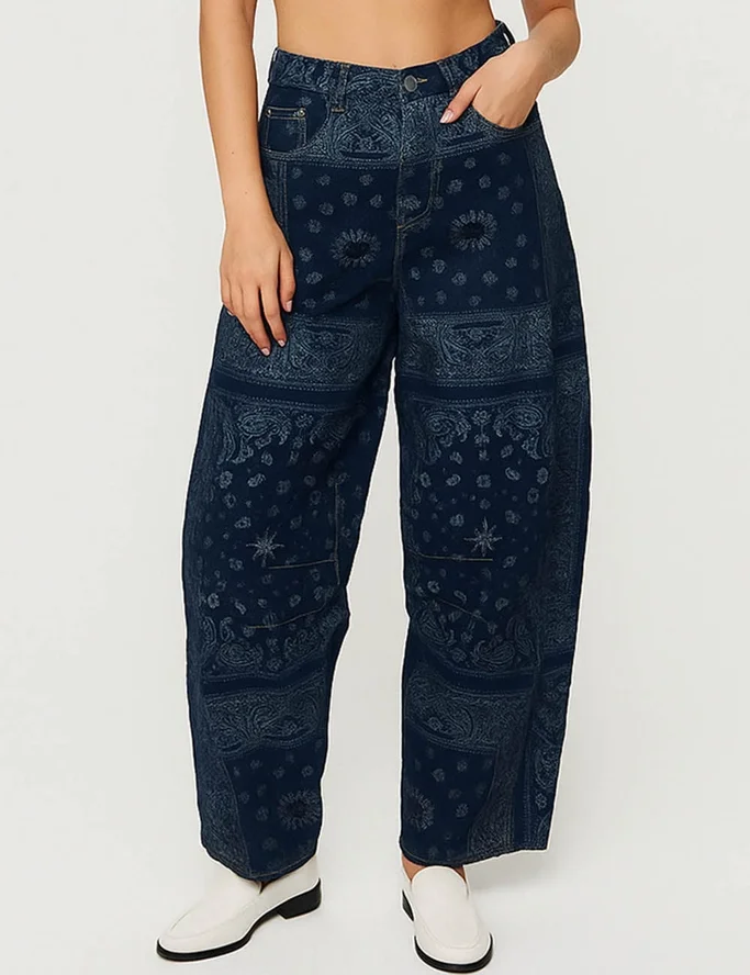 Ladies Vintage Jacquard Zip Fly Barrel Denim pants