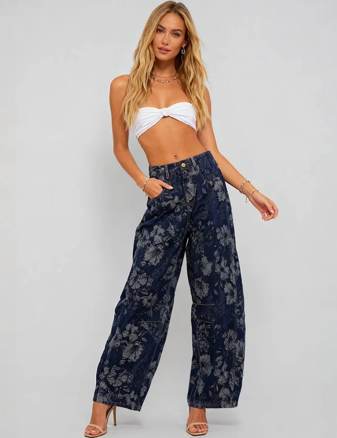 Ladies Vintage Denim Floral Print Barrel Pants