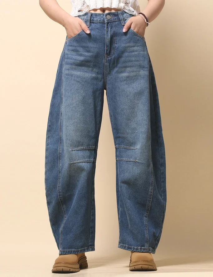 Ladies Mid Rise Wide Leg Jeans Barrel Denim Jeans