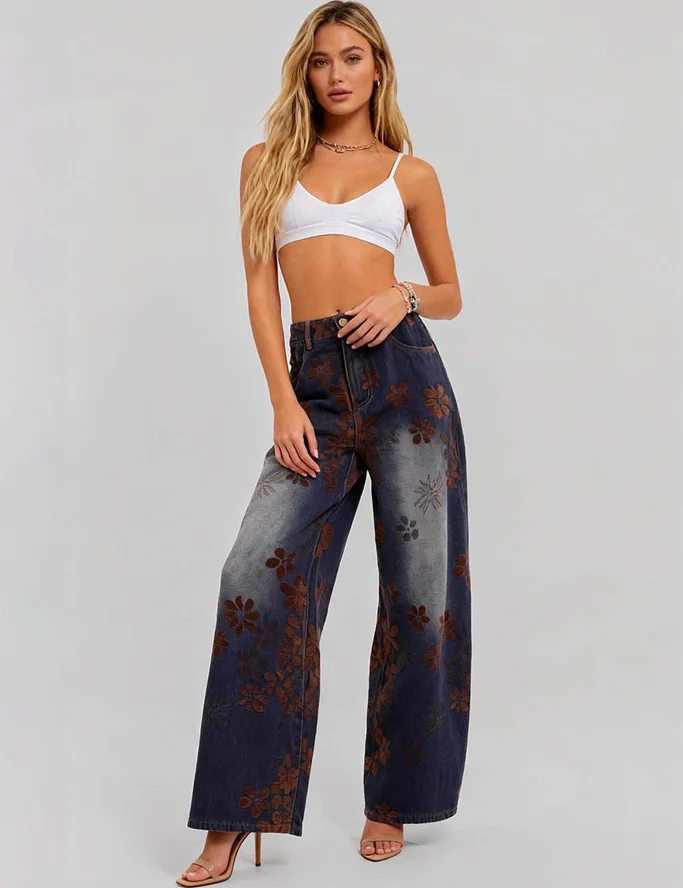 Ladies Floral Print Fleece Lined Wide Leg Denim Pants