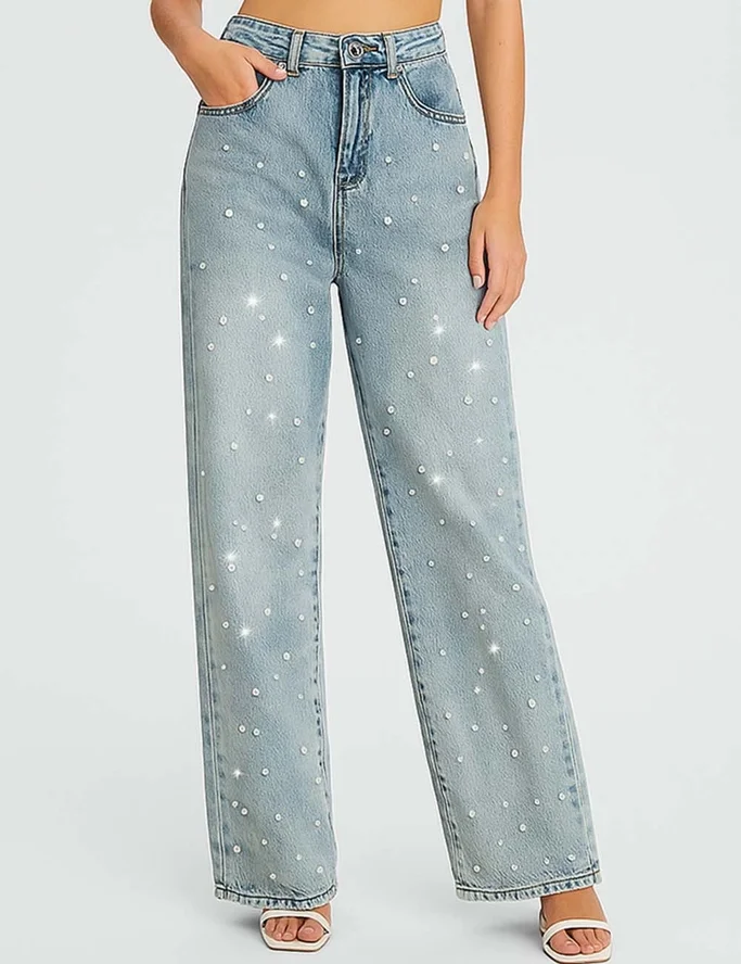 Ladies Pearl Beading Straight Leg Denim Jeans