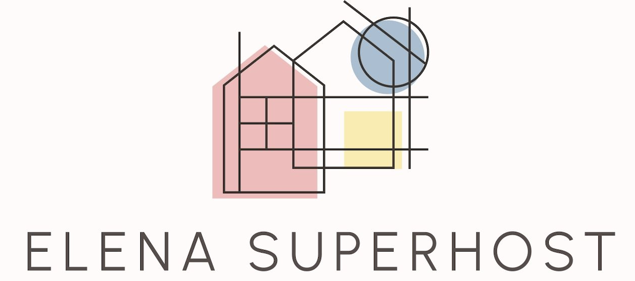 Logo with abstract shapes in pink, blue, yellow, and black lines, and the text 'Elena Superhost' below.