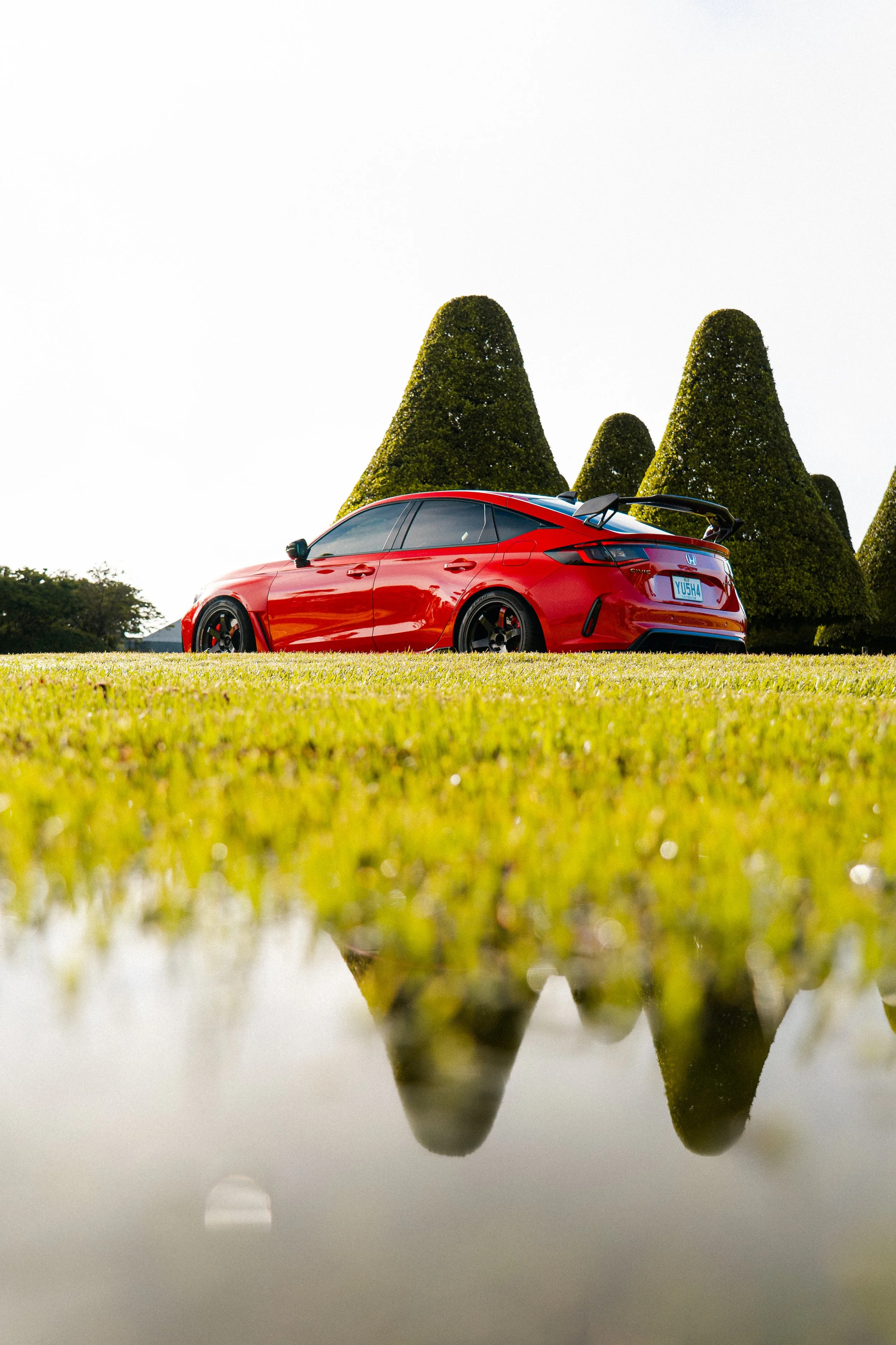 Red sports car parked on a grassy field with trimmed bushes and trees in the background.