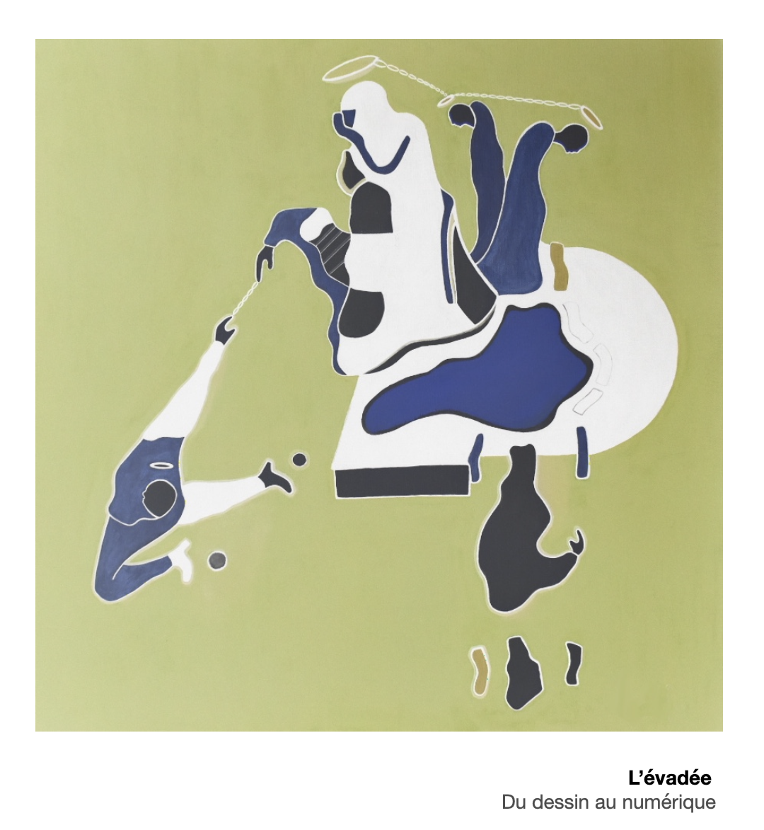 Une peinture abstraite avec des formes et des couleurs bleu, blanc, noir et beige, sur un fond vert. Le solide titre est "L'évadée" avec la légende "Du dessin au numérique".