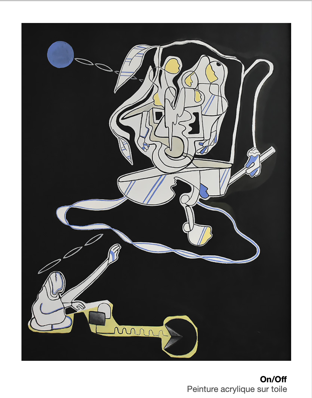 Une peinture acrylique sur toile représentant un visage abstrait avec des formes géométriques et des couleurs comme le blanc, le jaune, le bleu et le noir. Une figure humaine en bas à gauche avec un outil en forme de clé joue avec le visage suspendu.