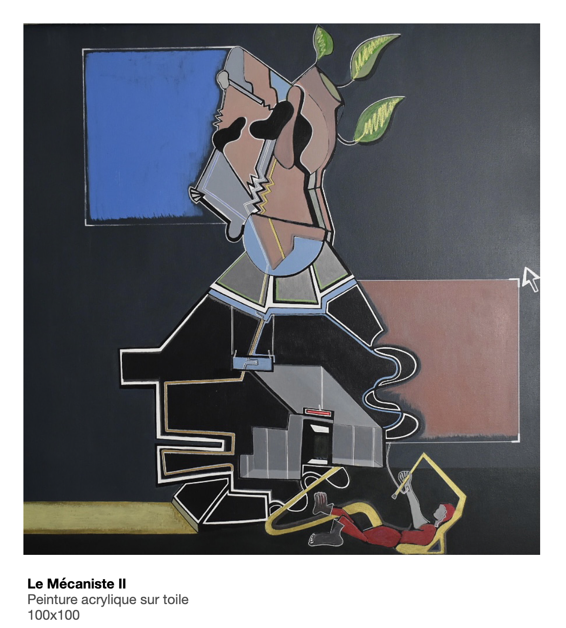 Une peinture abstraite représentant un mécanicien avec des éléments géométriques, en train de travailler sur une machine, avec un fond sombre et quelques touches de couleur verte, bleue, rouge et jaune.