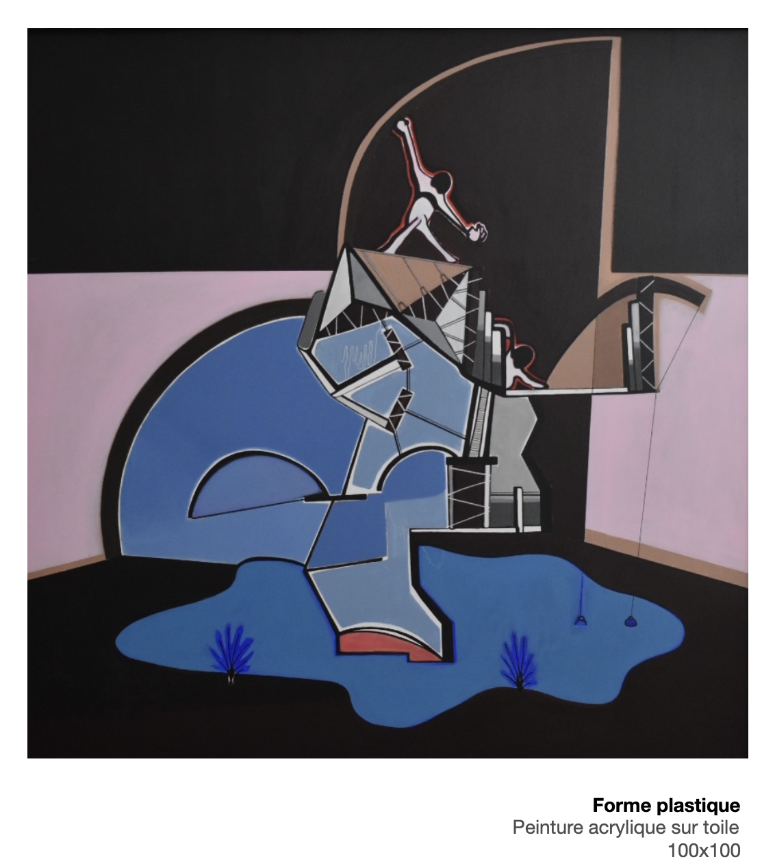 Une peinture abstraite représentant une structure géométrique avec un lac bleu et des plantes violettes, dans un style moderne avec des couleurs vives et des formes angulaires.