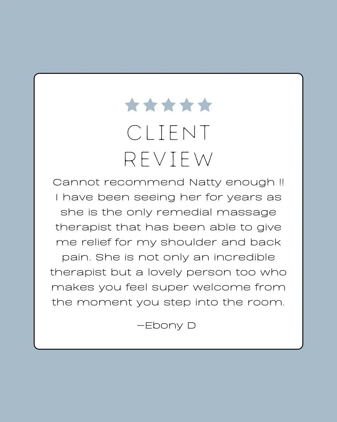 ✨ C l i e n t  R e v i e w ✨

We love hearing from our clients! 💛

Your feedback helps me keep doing what I love; guiding your body into deep rest, recovery, and relaxation. 

Every review is a little reminder that the work I do matters &amp; your k