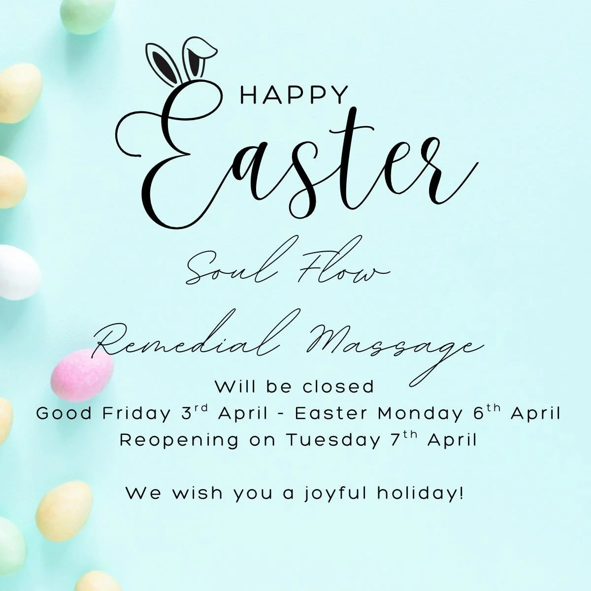 🐣 Easter Trading Hours 🐣

Easter is a special time to slow down &amp; be with the people who matter most 🤍

We&rsquo;ll be closed over the long weekend so everyone has the chance to spend time with family &amp; loved ones.

✨ Closed: Good Friday &