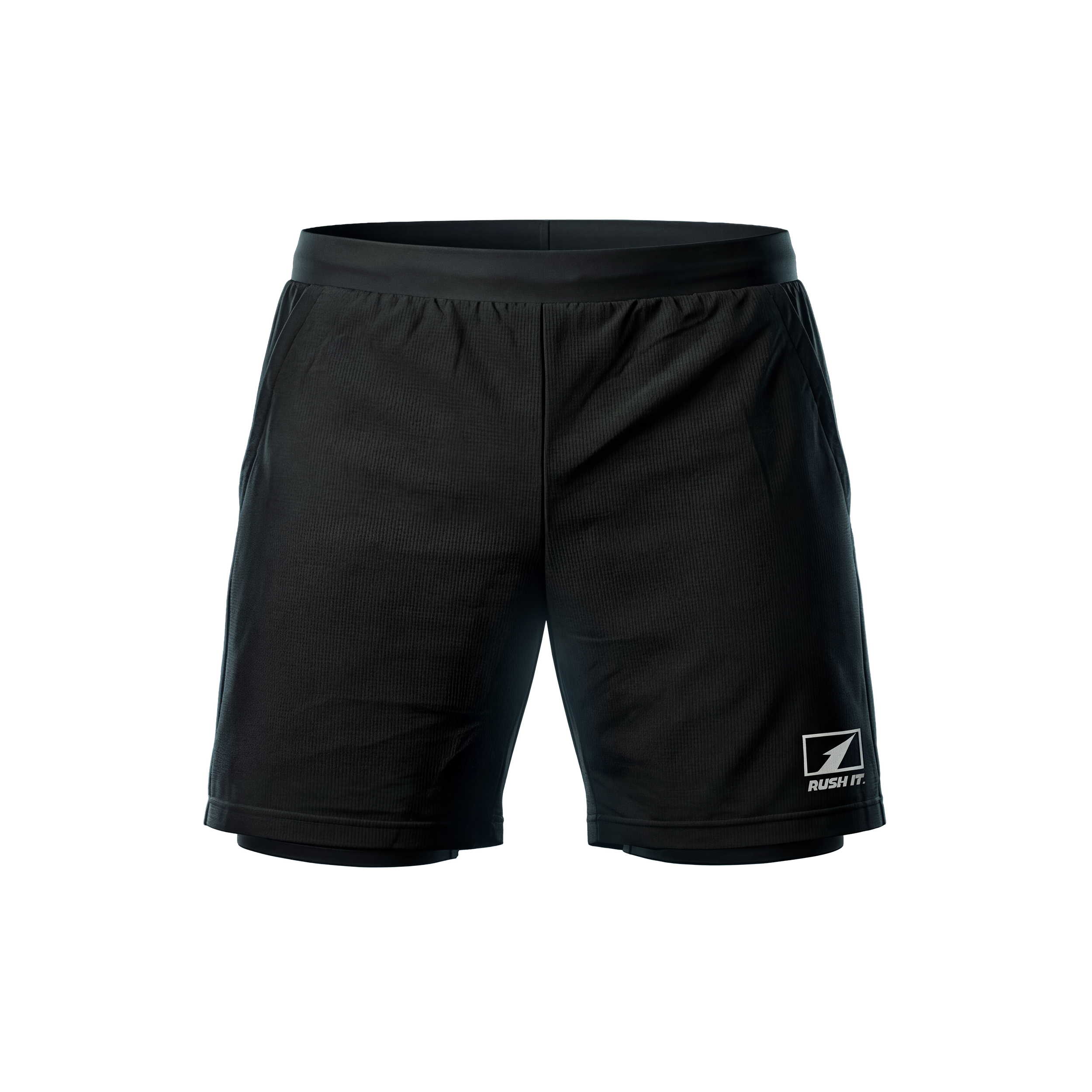 Schwarze Sportshorts mit elastischem Bund und Logo auf der linken unteren Seite