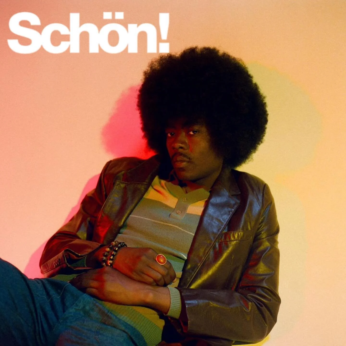 A person with a large afro hairstyle sitting against a colorful background, wearing a leather jacket, striped shirt, and rings, with a confident expression.