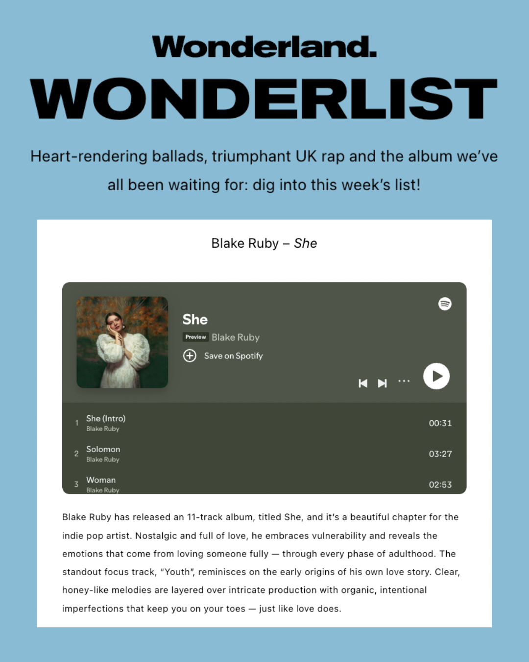 A web page article titled 'Wonderland Wonderlist' featuring a music album called 'She' by Blake Ruby. The page includes an album cover image, a tracklist, and a description of the album.
