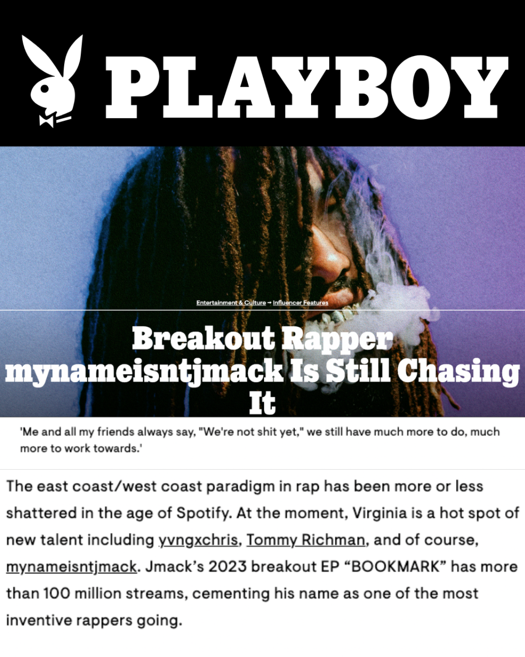 Cover of Playboy magazine featuring a person with dreadlocks smoking, with the headline 'Breakout Rapper mynameistjmack Is Still Chasing It.'