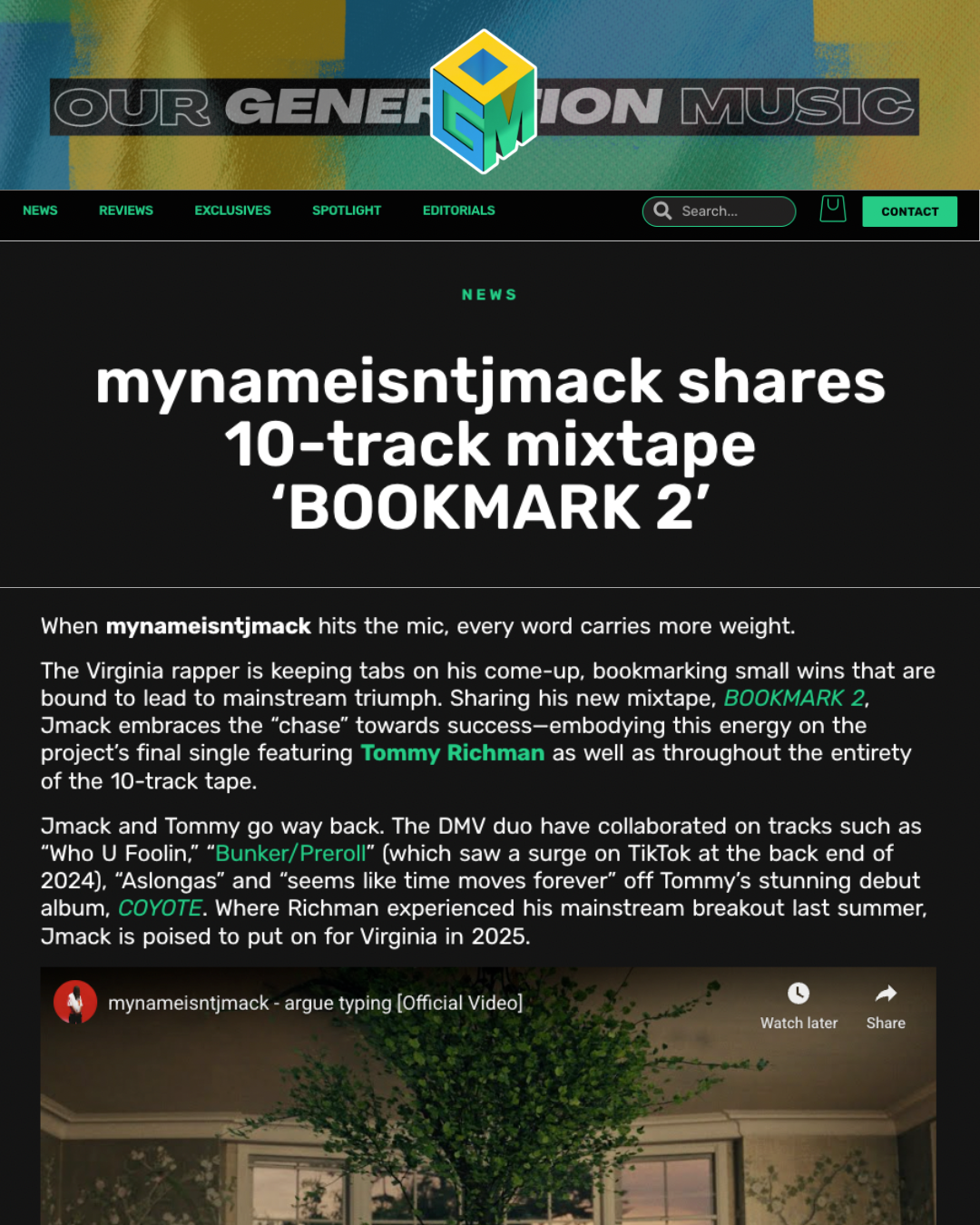 Screenshot of a music news website featuring an article about rapper mynameistjmack sharing a 10-track mixtape titled 'BOOKMARK 2', with a video thumbnail showing a room with a tree and window.
