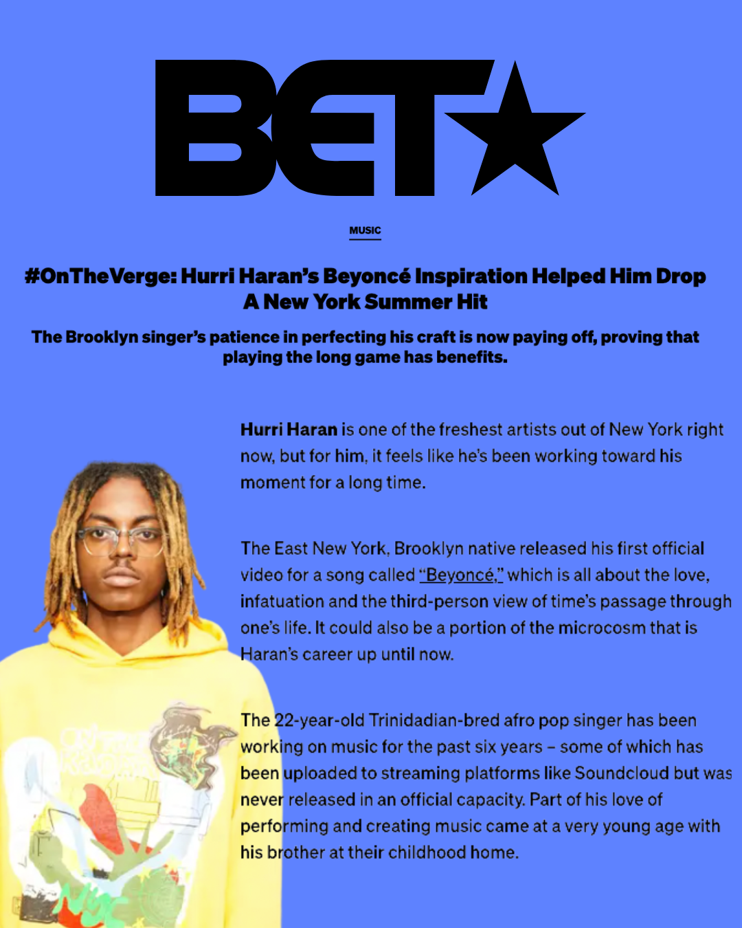 Beyoncé logo at the top with a star in place of the letter 'O'. Article headline about Hurri Haran's inspiration from Beyoncé, his career, and music.