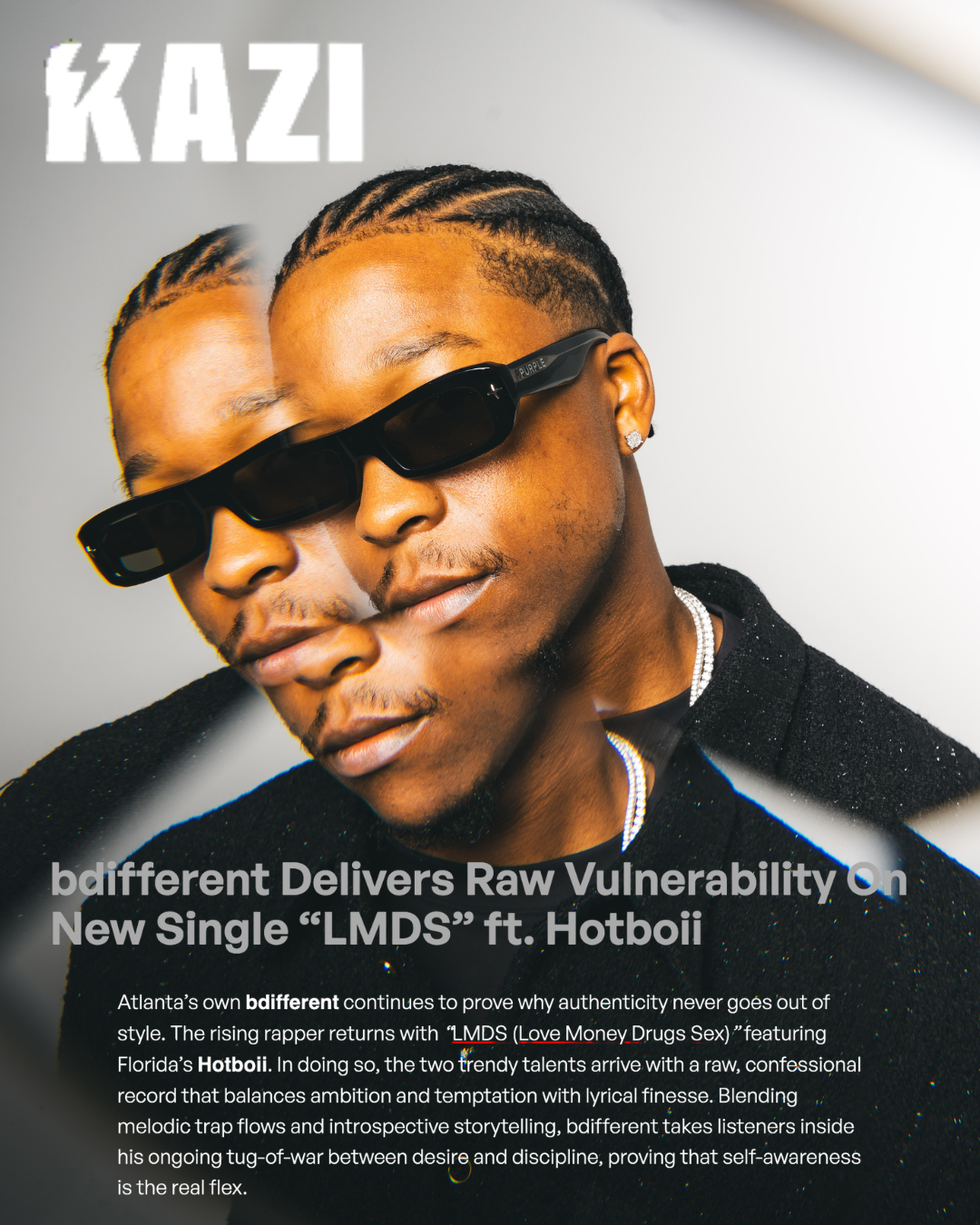 Close-up of two young men wearing black sunglasses, with one partially overlapping the other, in a modern, minimal background. The text on the image mentions the artists bdifferent and Hotboii, and references their new single 'LMDS'.