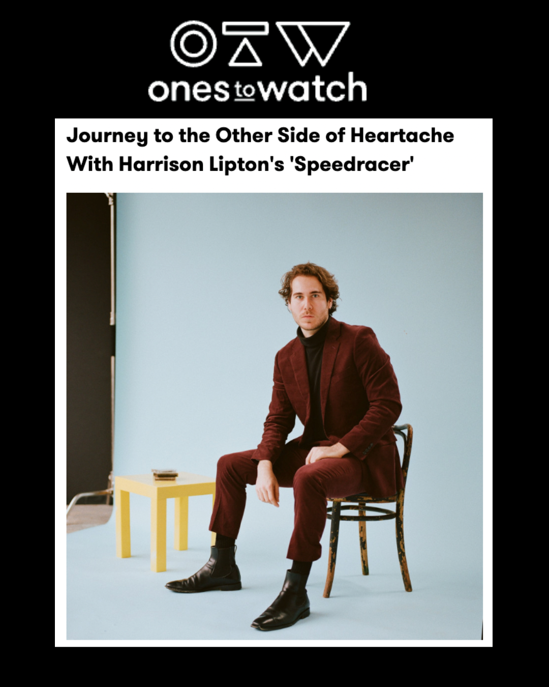 Magazine cover featuring Harrison Lipton in a brown suit sitting on a chair with a light blue backdrop and a yellow side table.