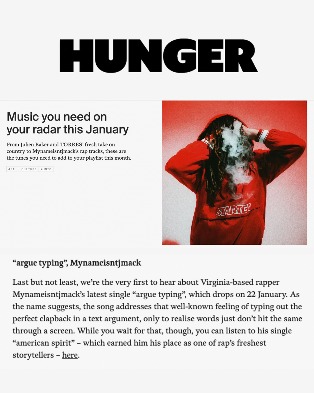 A webpage highlighting music recommendations for January. Features a large bold heading 'HUNGER', a photo of a person with dreadlocks wearing a red Startender jacket, and text about Virginia rapper MyNameisntmack's new single 'argue typing' dropping on January 22.