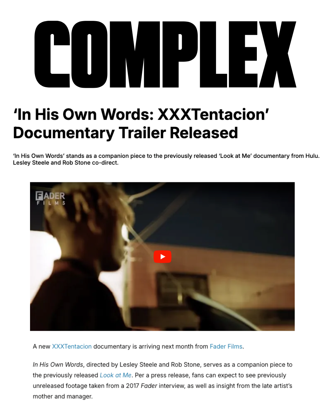 Web page headline about documentary trailer for XXXTentacion titled 'In His Own Words: XXXTentacion.'