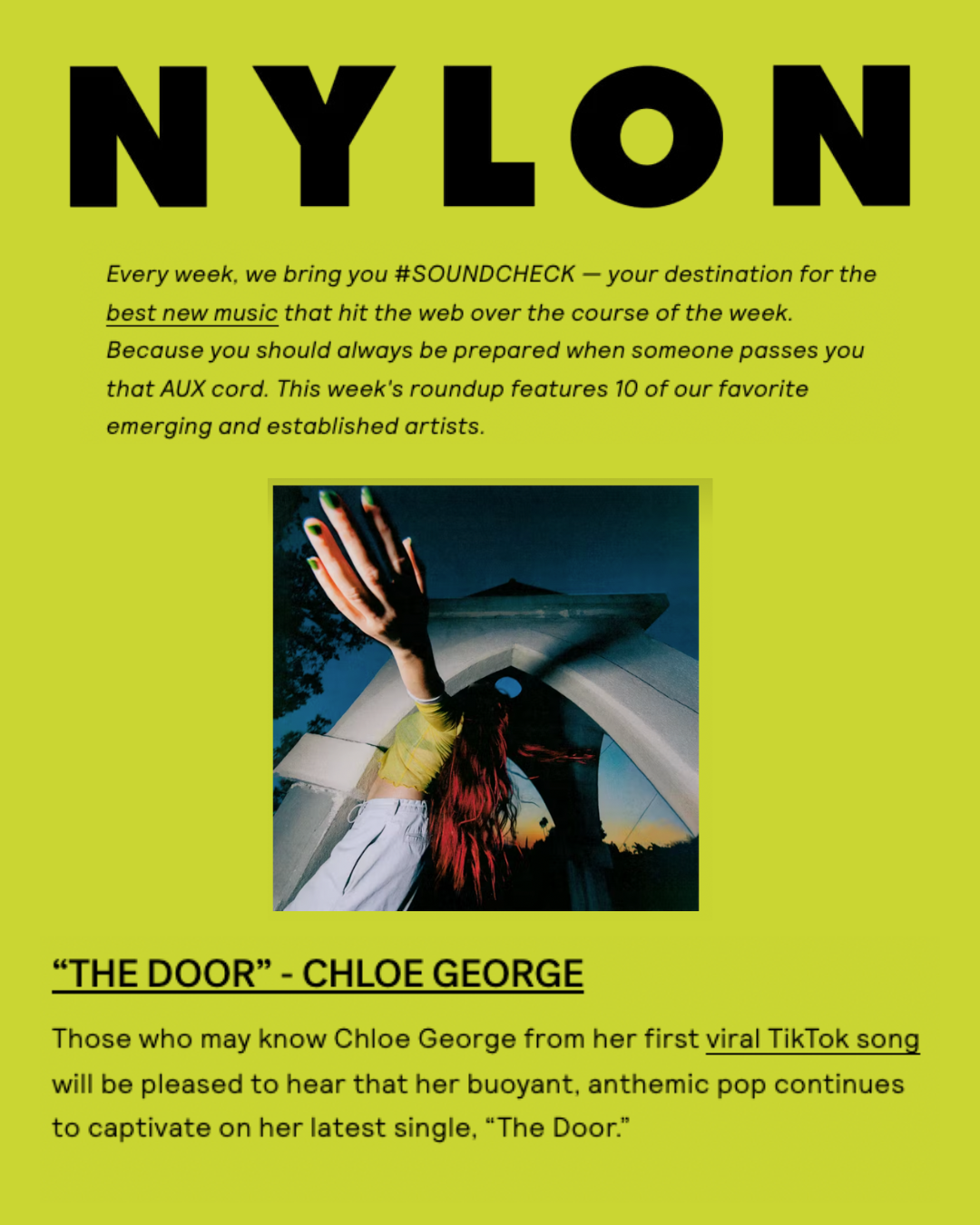Newsletter with a lime green background promoting new music, featuring a photo of a person with red hair and painted nails, standing under an archway during sunset, with text about Chloe George's latest single 'The Door'.