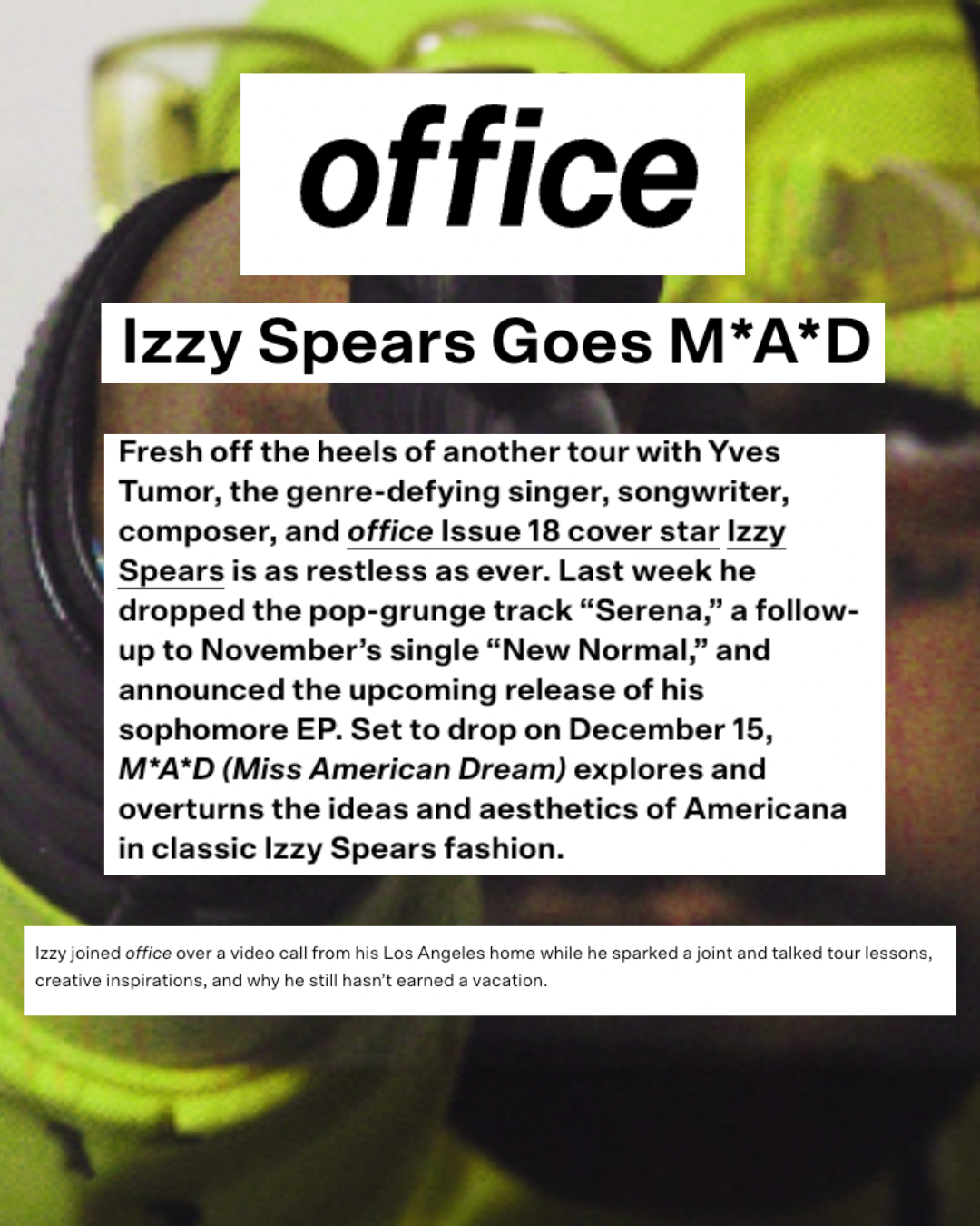 A green apple with text overlay about singer Izzy Spears, mentioning his tour, new single, and upcoming album release, with a partially visible pair of headphones in the background.