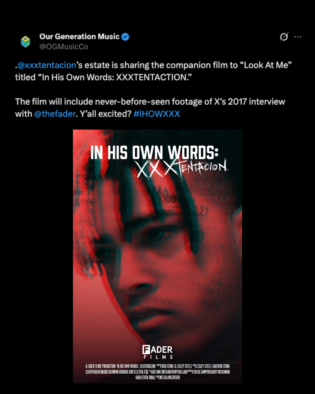 Poster for the documentary 'In His Own Words: XXXTentacion' shows a photo of XXXTentacion's face with red and black color effects and text overlay.
