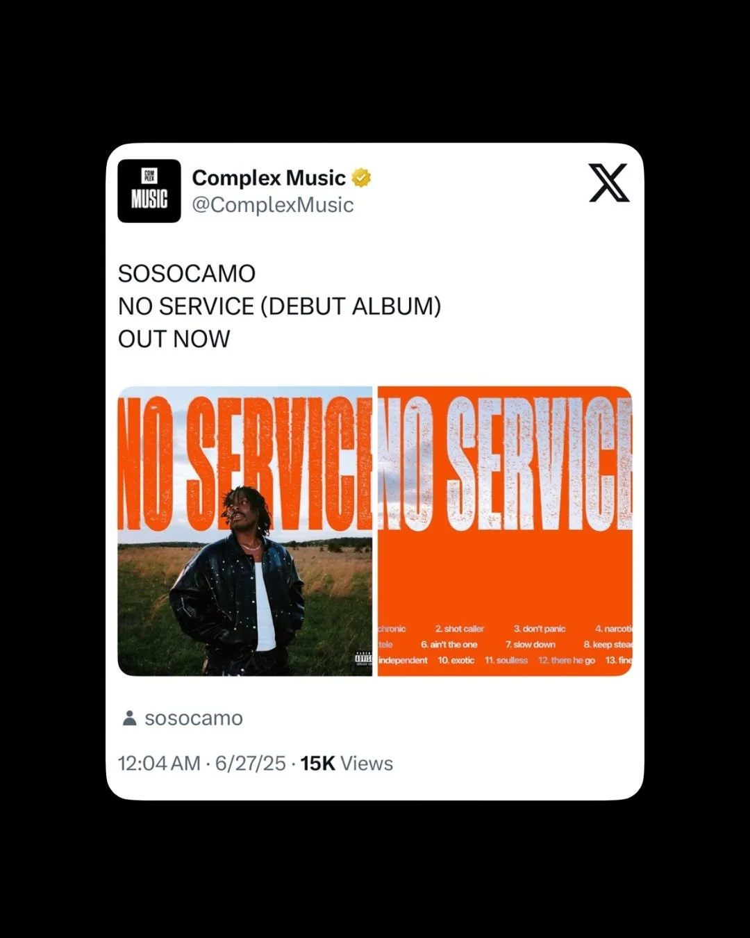 Social media post announcing Sosocamo's debut album 'No Service,' available now, with album cover art featuring a person standing outdoors against a field, large orange and white text reading 'NO SERVICE' repeated, and a tracklist at the bottom.