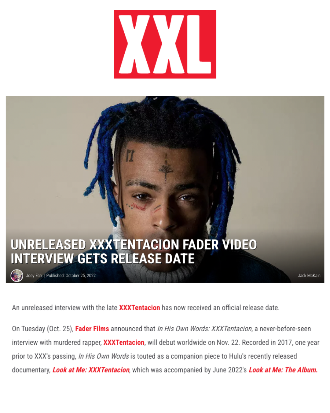 Cover of XXL magazine featuring a close-up of a young man with dreadlocks and tattoos. Text above the image reads "XXL." The headline states "Unreleased XXXTentacion Fader Video Interview Gets Release Date."